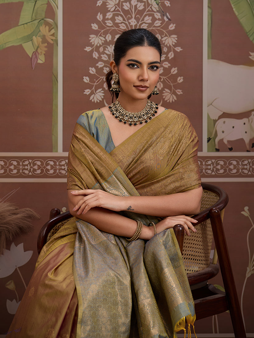 Tussar Silk Dark Beige Handloom Weaving Traditional Saree