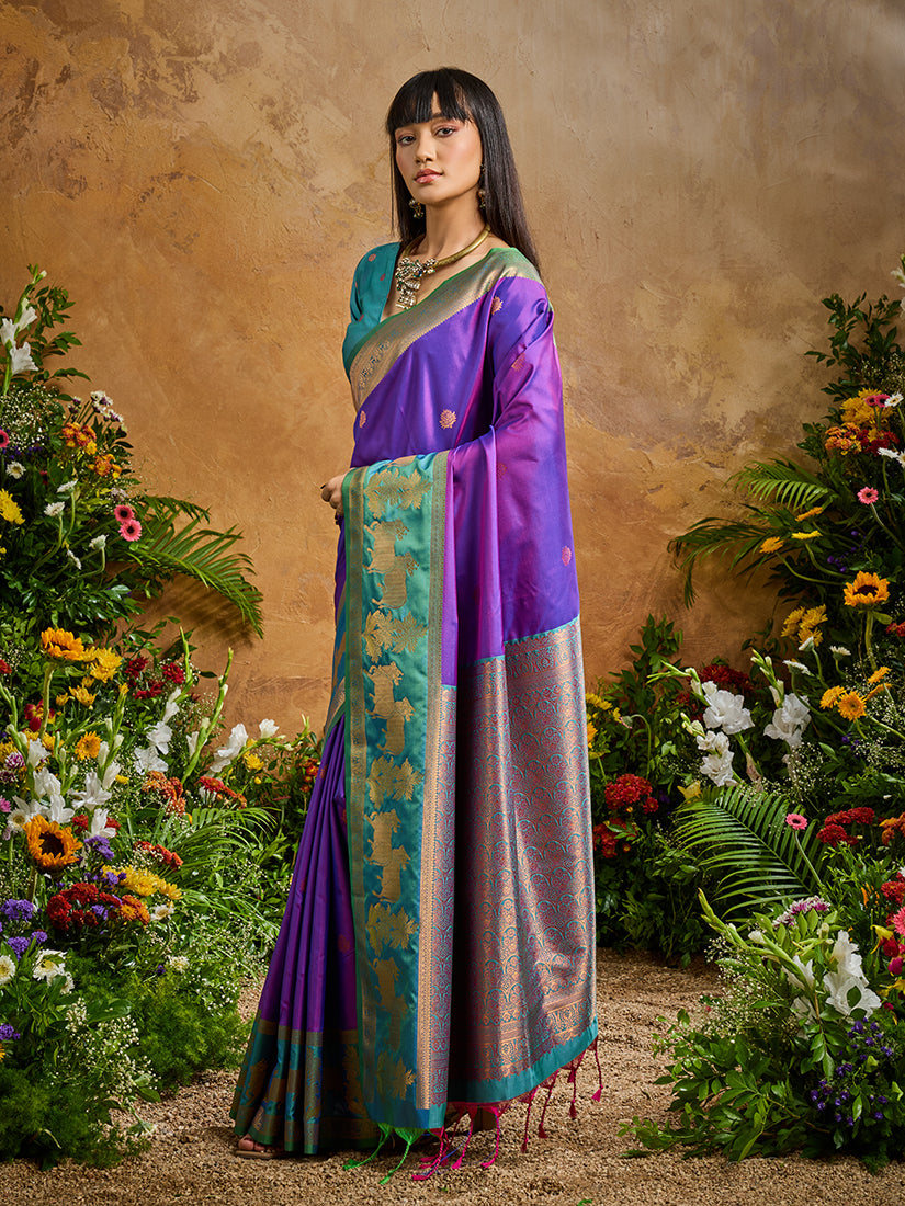 Purple Handloom Weaving Silk Blend Saree