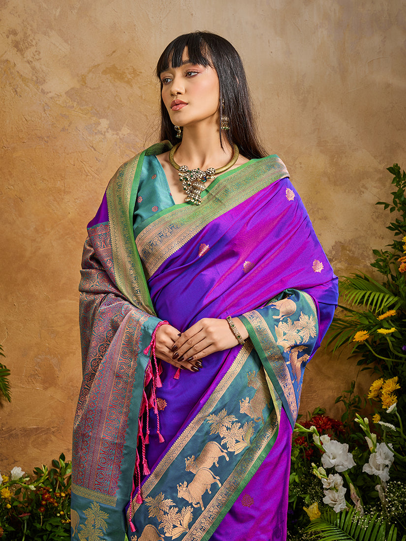 Purple Handloom Weaving Silk Blend Saree