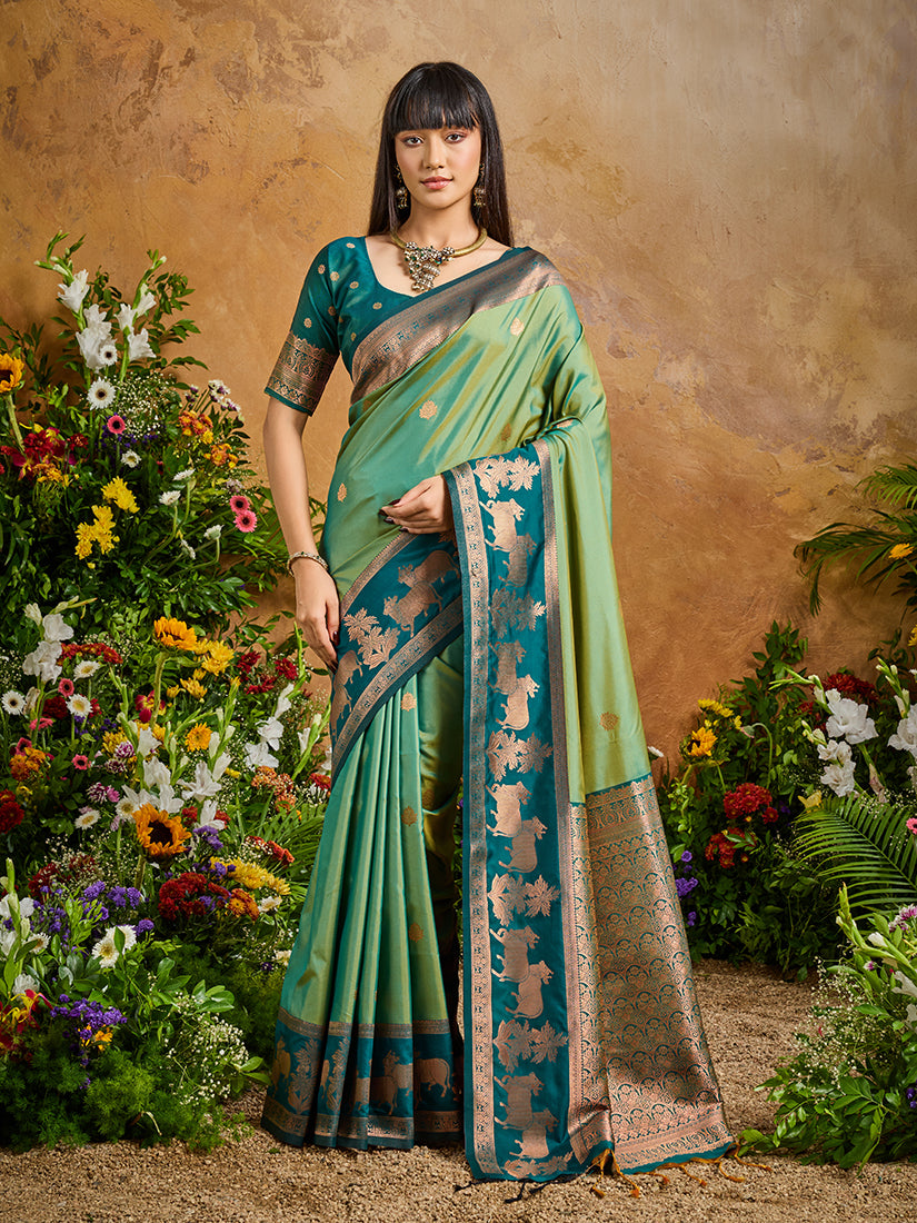 Light Green Handloom Weaving Silk Blend Saree