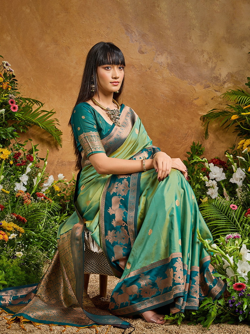 Light Green Handloom Weaving Silk Blend Saree