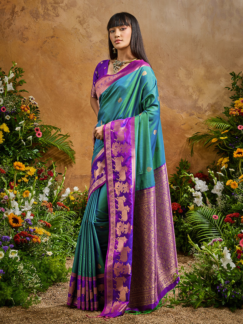 Teal Handloom Weaving Silk Blend Saree