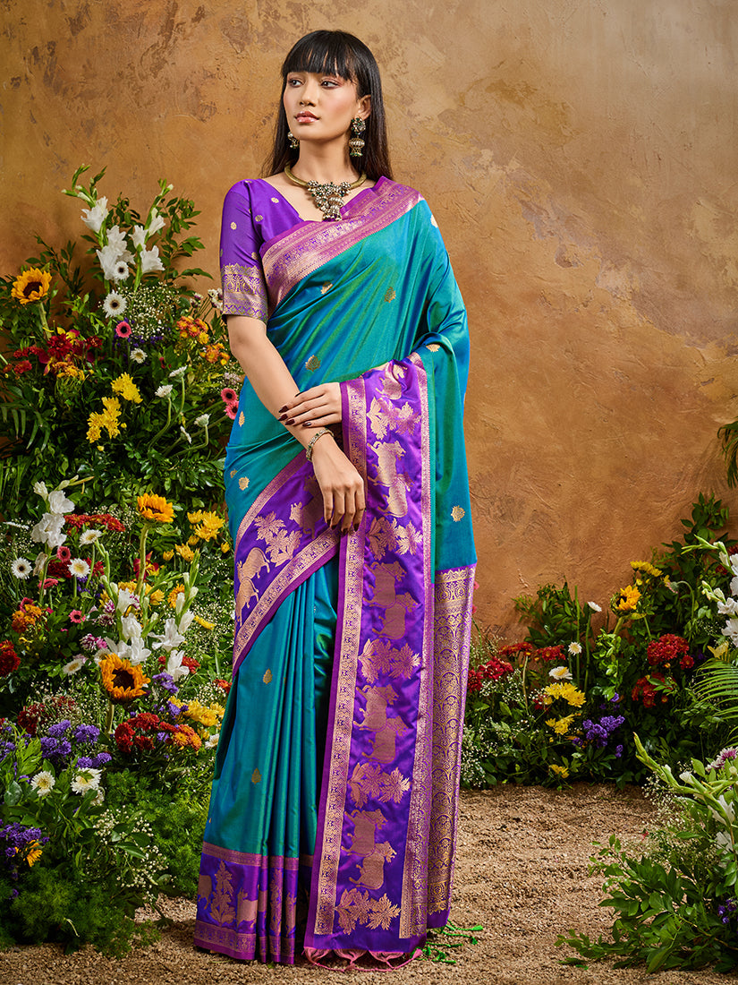 Teal Handloom Weaving Silk Blend Saree