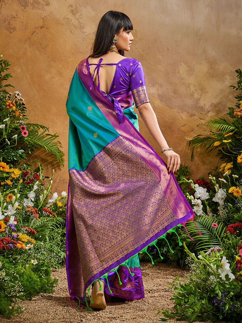 Teal Handloom Weaving Silk Blend Saree