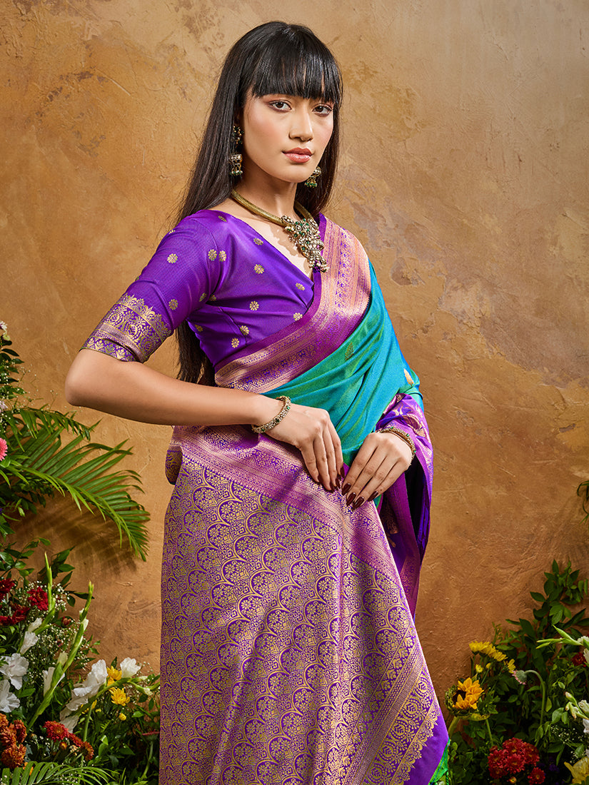 Teal Handloom Weaving Silk Blend Saree