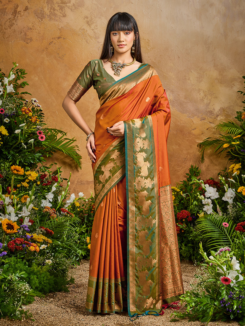 Orange Handloom Weaving Silk Blend Saree