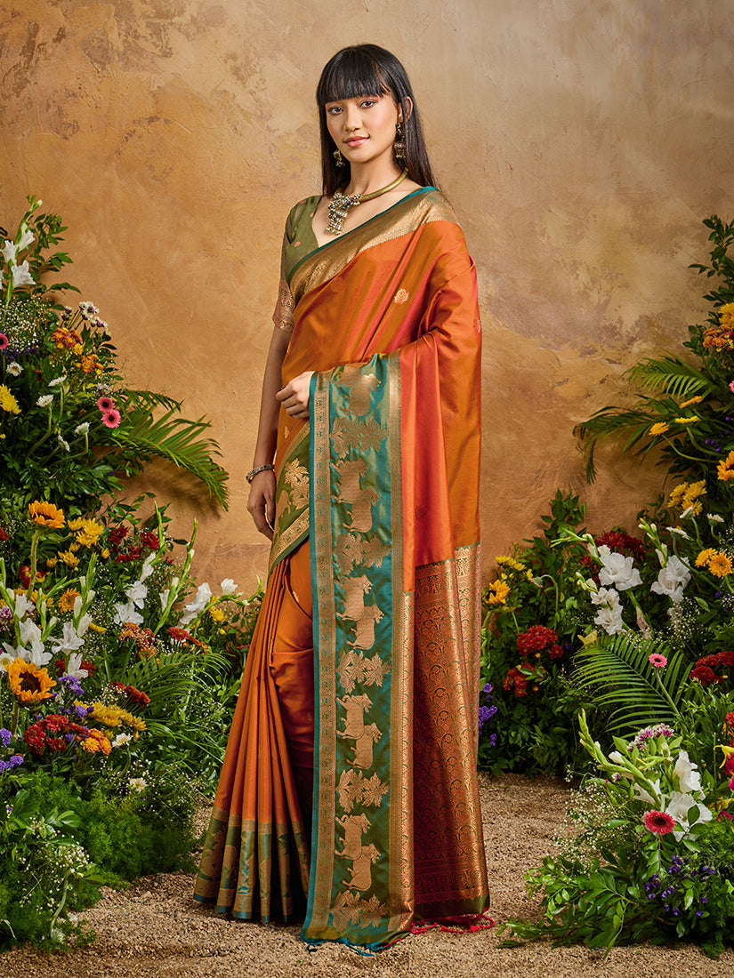 Orange Handloom Weaving Silk Blend Saree