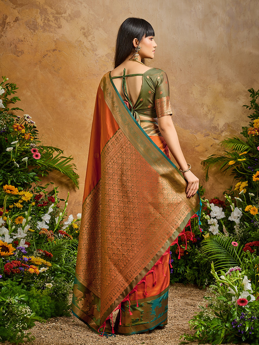 Orange Handloom Weaving Silk Blend Saree