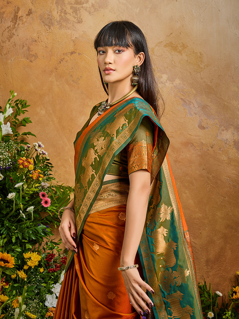 Orange Handloom Weaving Silk Blend Saree