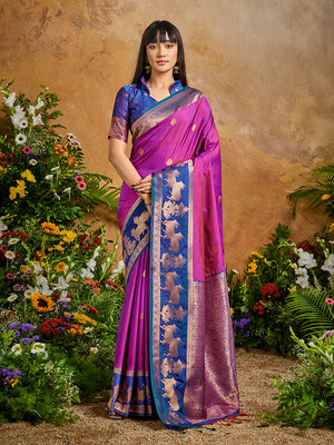 Magenta Pink Handloom Weaving Silk Blend Saree