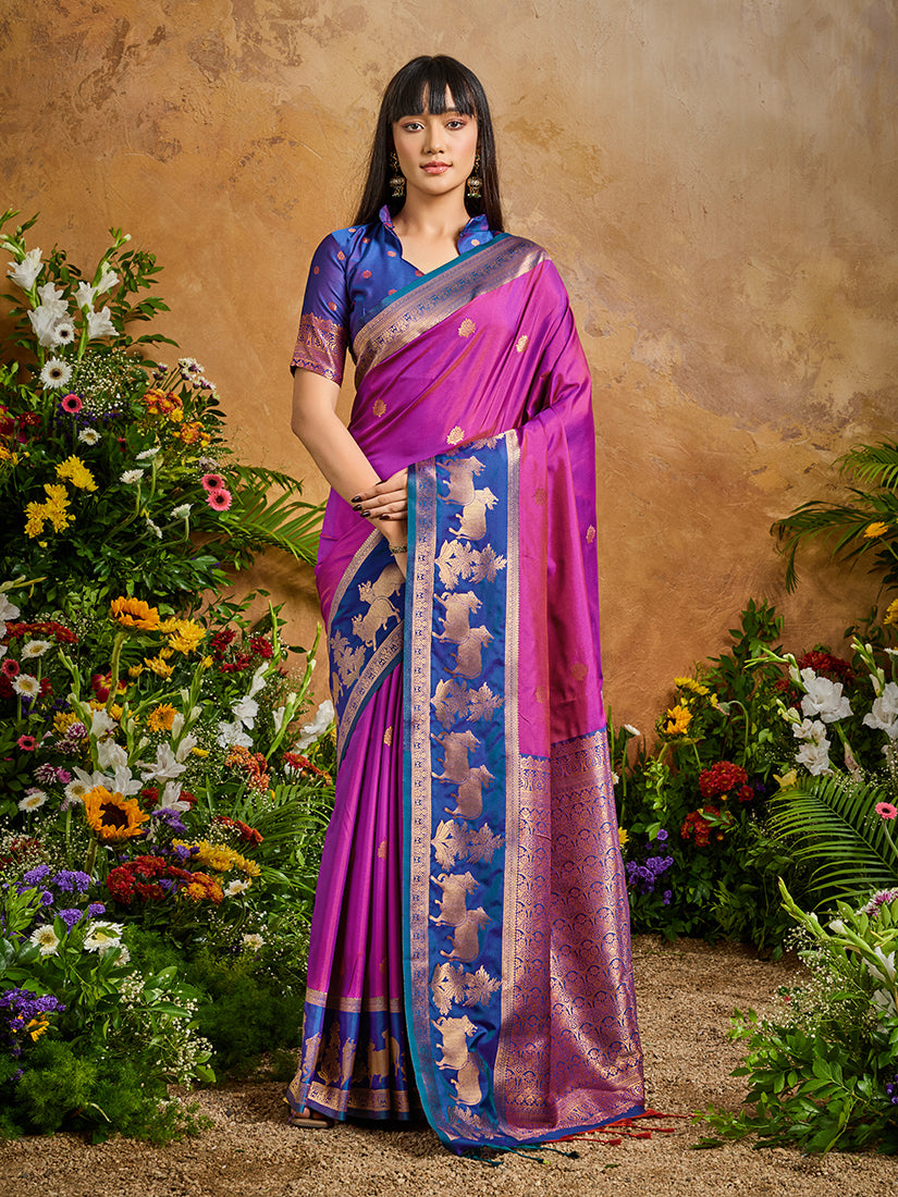 Magenta Pink Handloom Weaving Silk Blend Saree