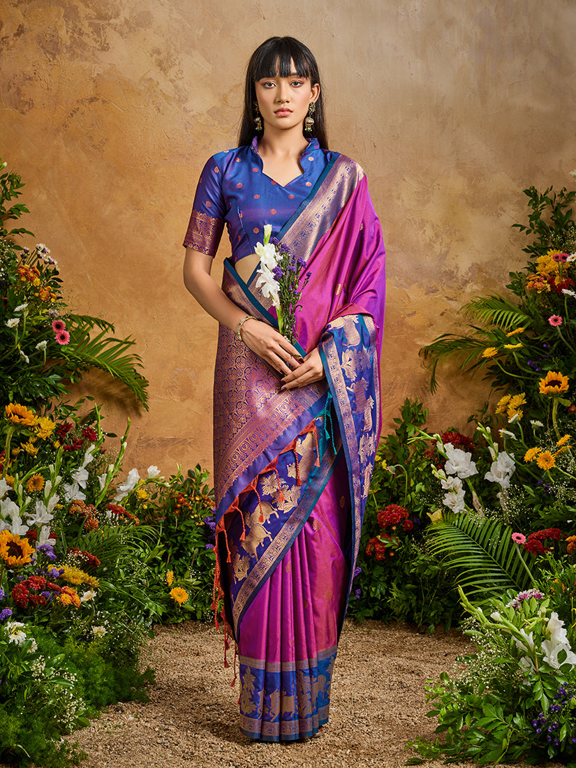 Magenta Pink Handloom Weaving Silk Blend Saree