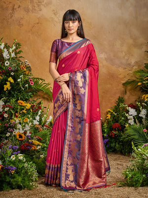 Red Handloom Weaving Silk Blend Saree