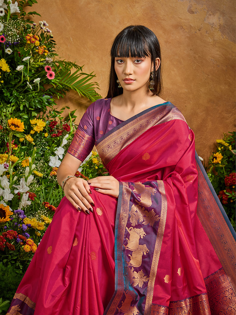 Red Handloom Weaving Silk Blend Saree
