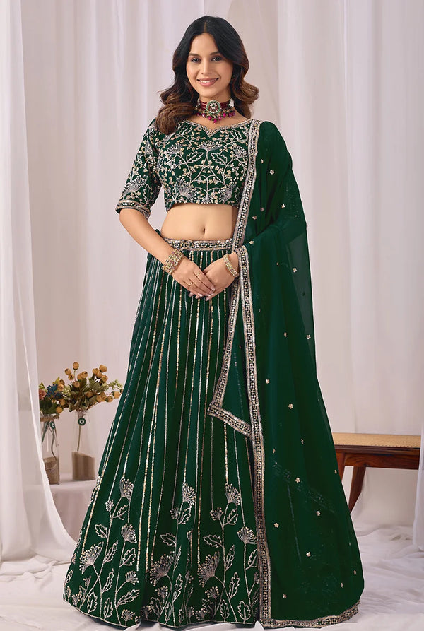 Dark Green Georgette Sequin Stripe Lehenga Choli, front