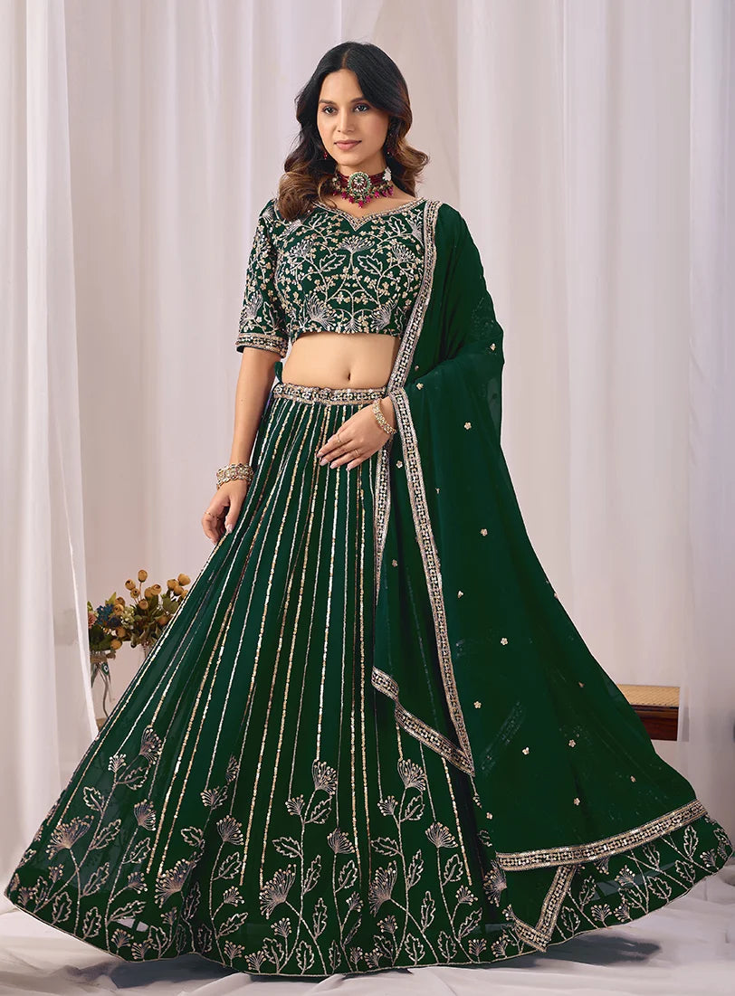 Dark Green Georgette Sequin Stripe Lehenga Choli, side