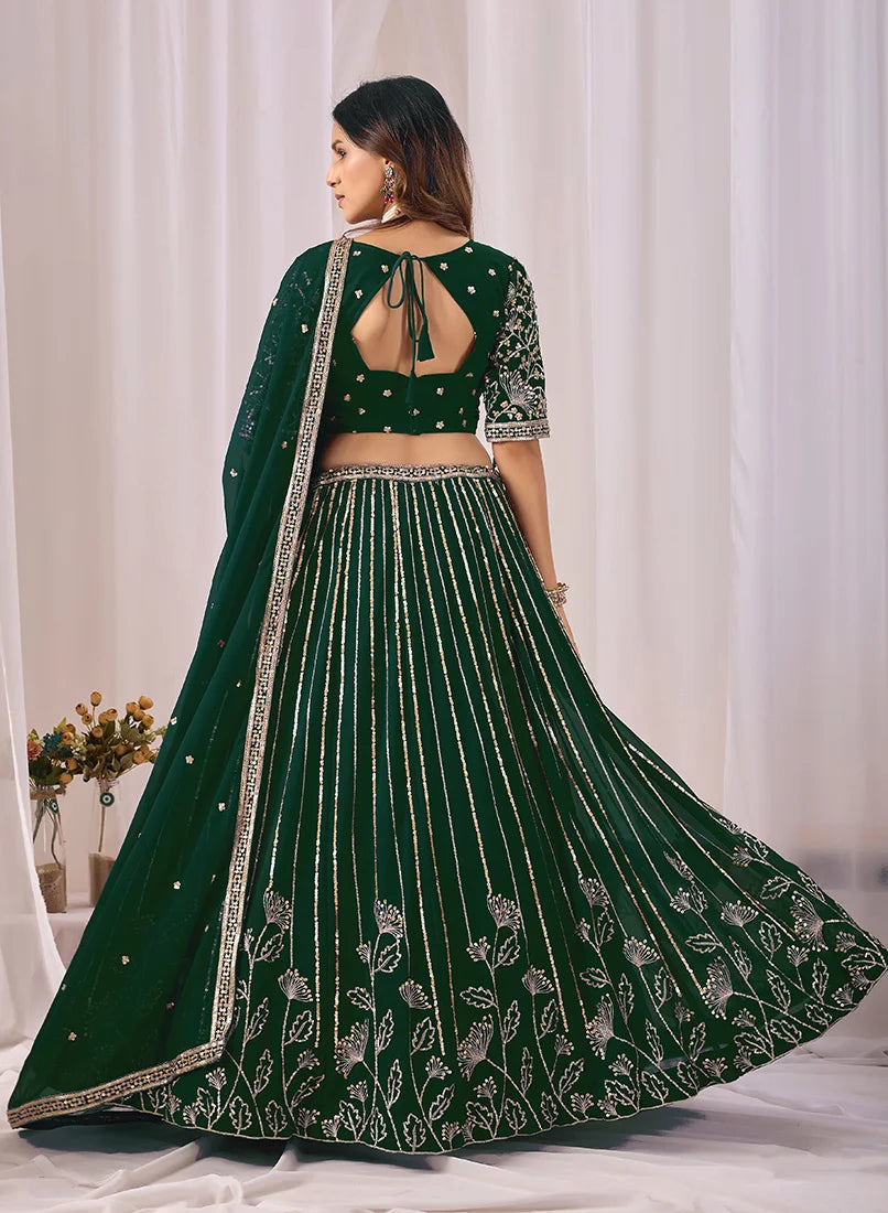 Dark Green Georgette Sequin Stripe Lehenga Choli, back
