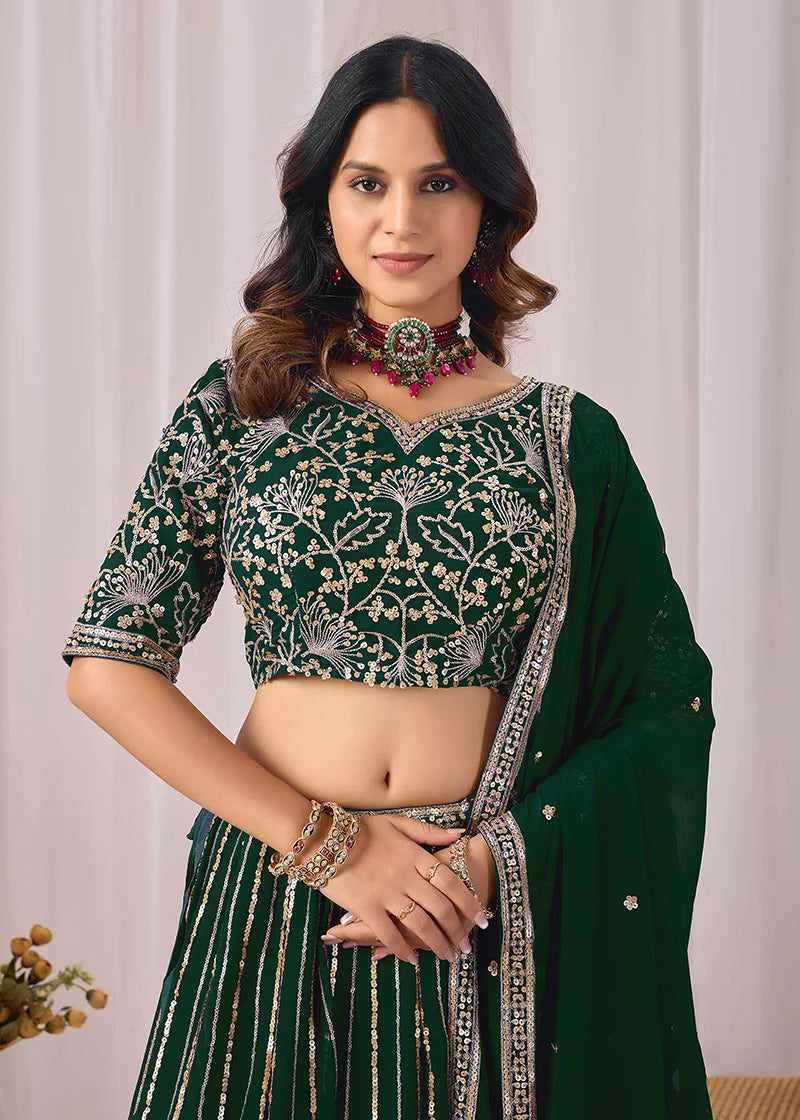 Dark Green Georgette Sequin Stripe Lehenga Choli, choli and dupatta detail