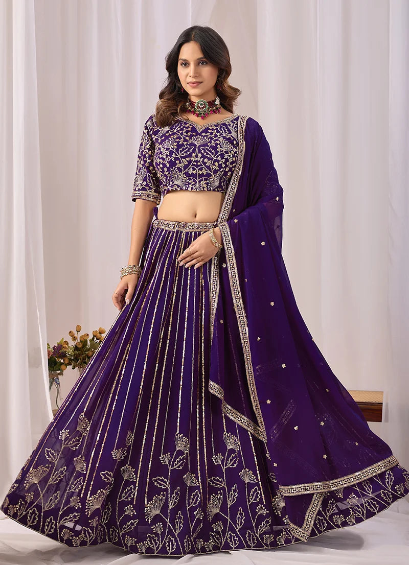 Purple Georgette Sequin Stripe Lehenga Choli, side