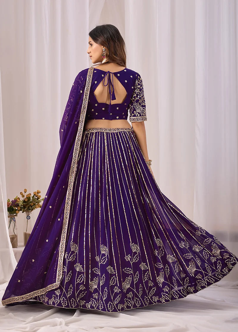 Purple Georgette Sequin Stripe Lehenga Choli, back