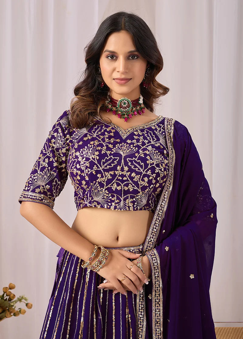 Purple Georgette Sequin Stripe Lehenga Choli, choli and dupatta detail