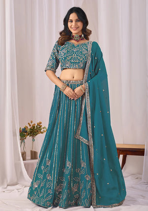Teal Blue Georgette Sequin Stripe Lehenga Choli