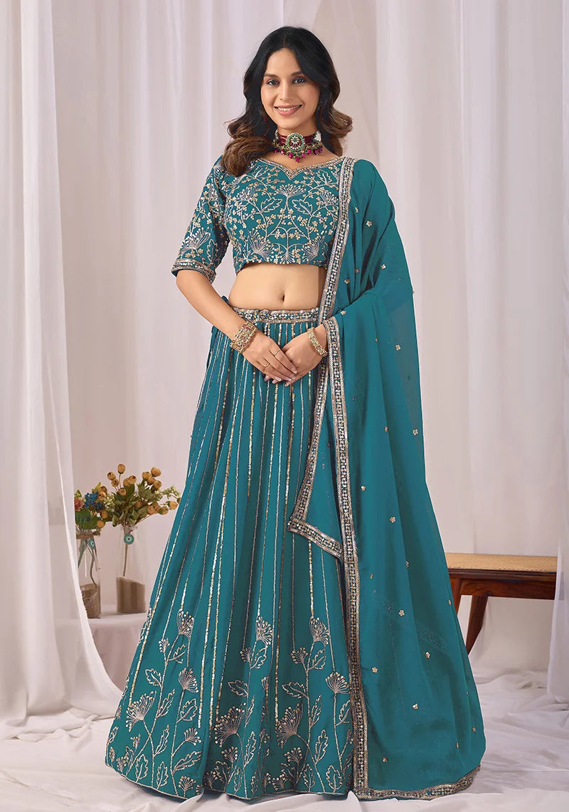 Teal Blue Georgette Sequin Stripe Lehenga Choli, front
