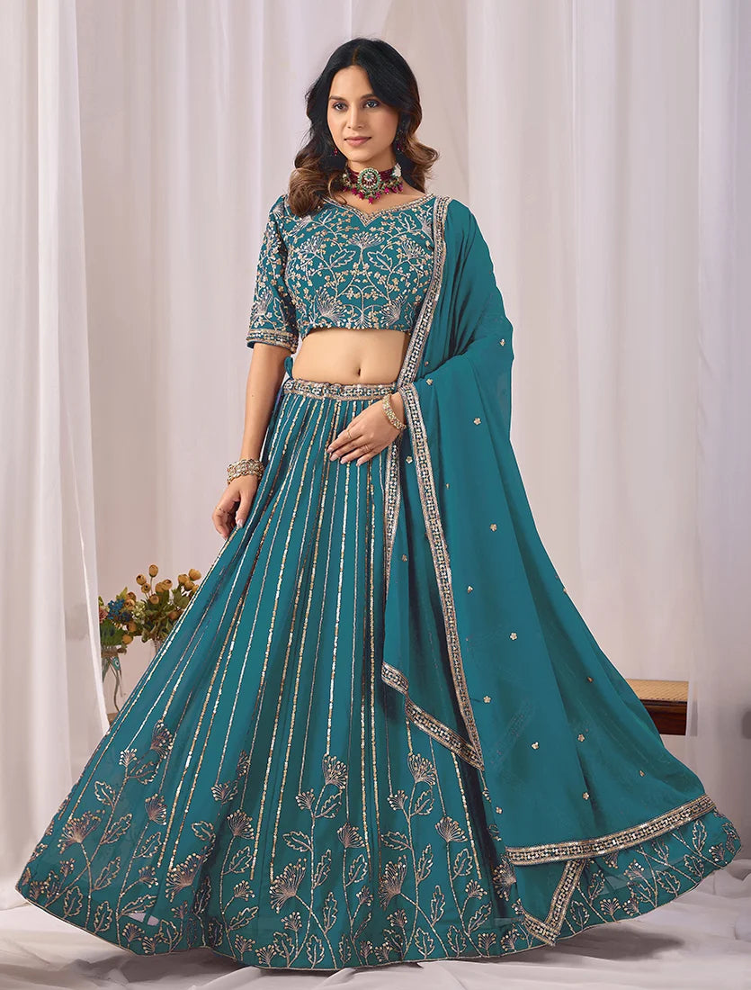 Teal Blue Georgette Sequin Stripe Lehenga Choli, side