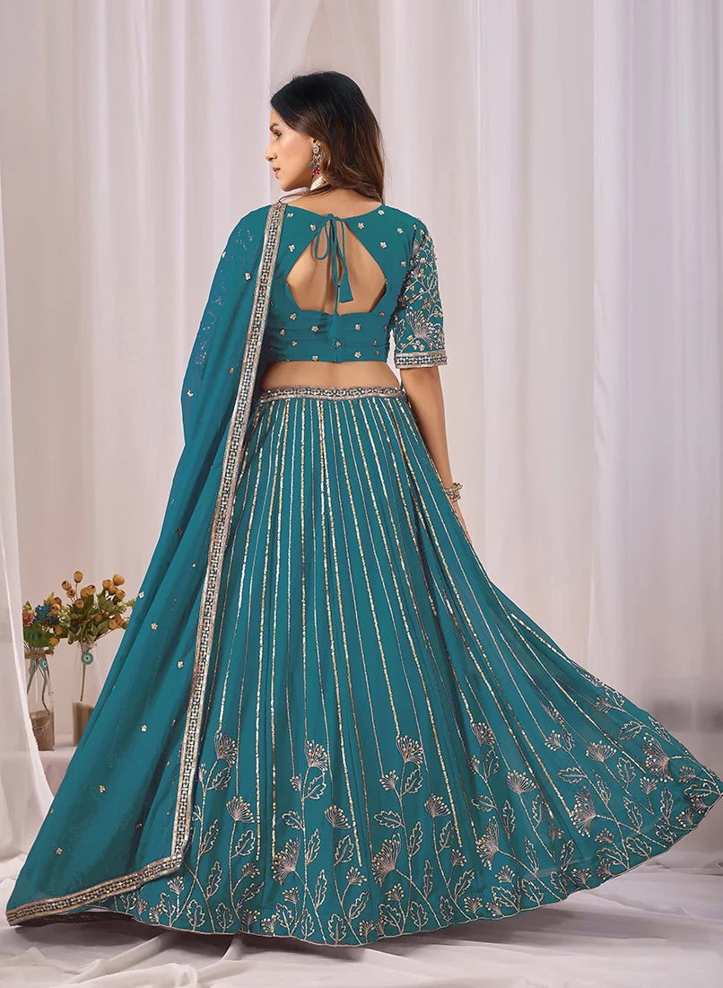Teal Blue Georgette Sequin Stripe Lehenga Choli, back