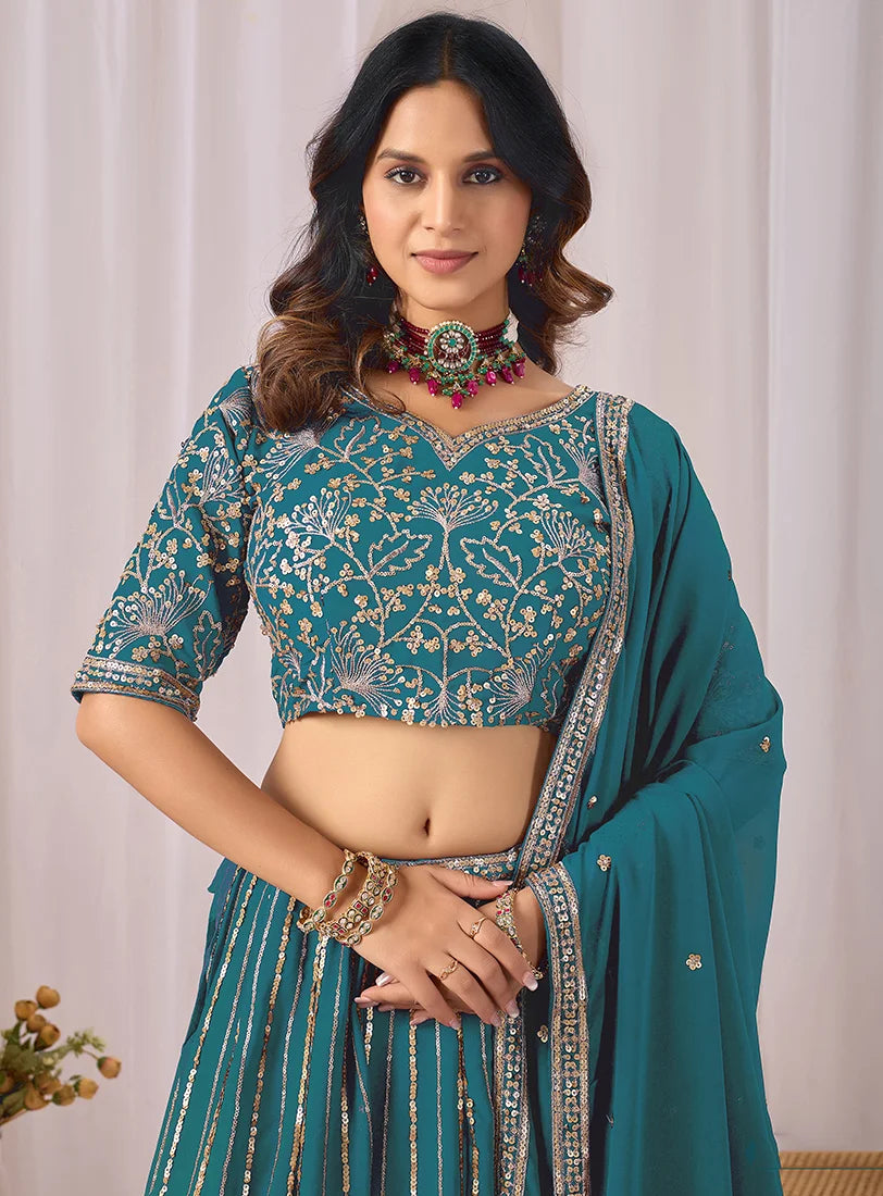 Teal Blue Georgette Sequin Stripe Lehenga Choli, choli and dupatta detail