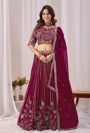 Wine Georgette Sequin Stripe Lehenga Choli