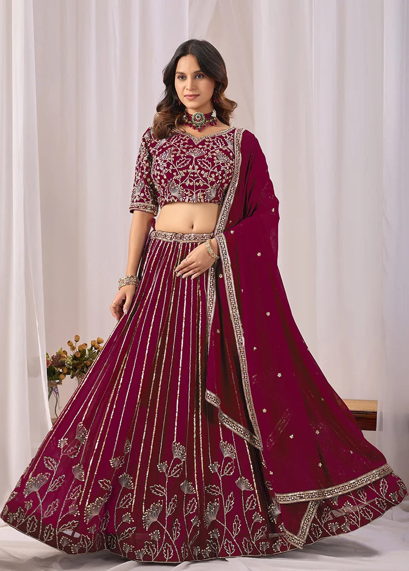 Wine Georgette Sequin Stripe Lehenga Choli, side