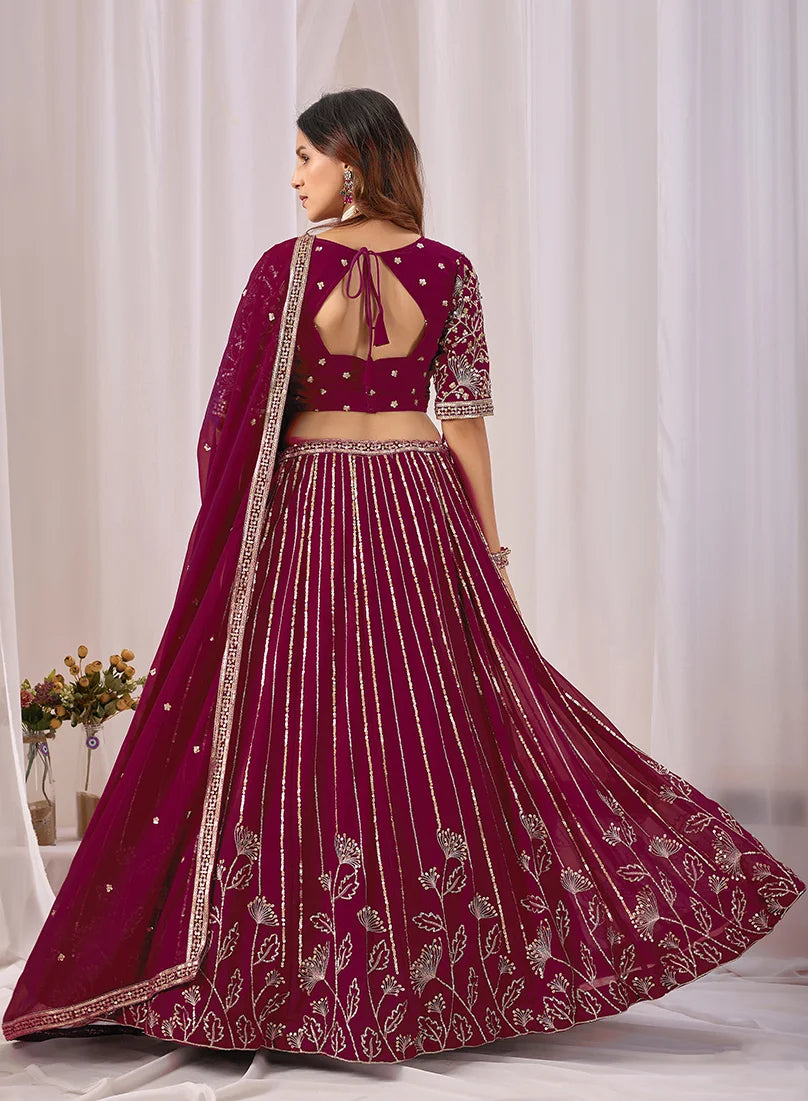 Wine Georgette Sequin Stripe Lehenga Choli, back