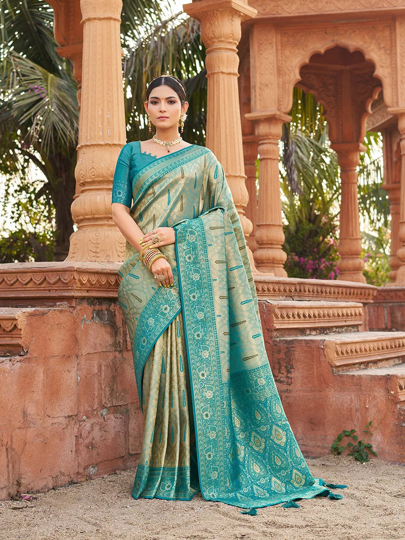 Turquoise Banarasi-Style Silk Blend Saree with Woven Zari Pallu, front