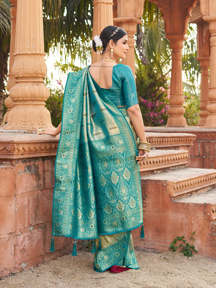 Turquoise Banarasi-Style Silk Blend Saree with Woven Zari Pallu, back with pallu