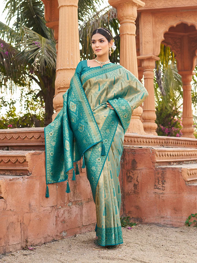 Turquoise Banarasi-Style Silk Blend Saree with Woven Zari Pallu, side