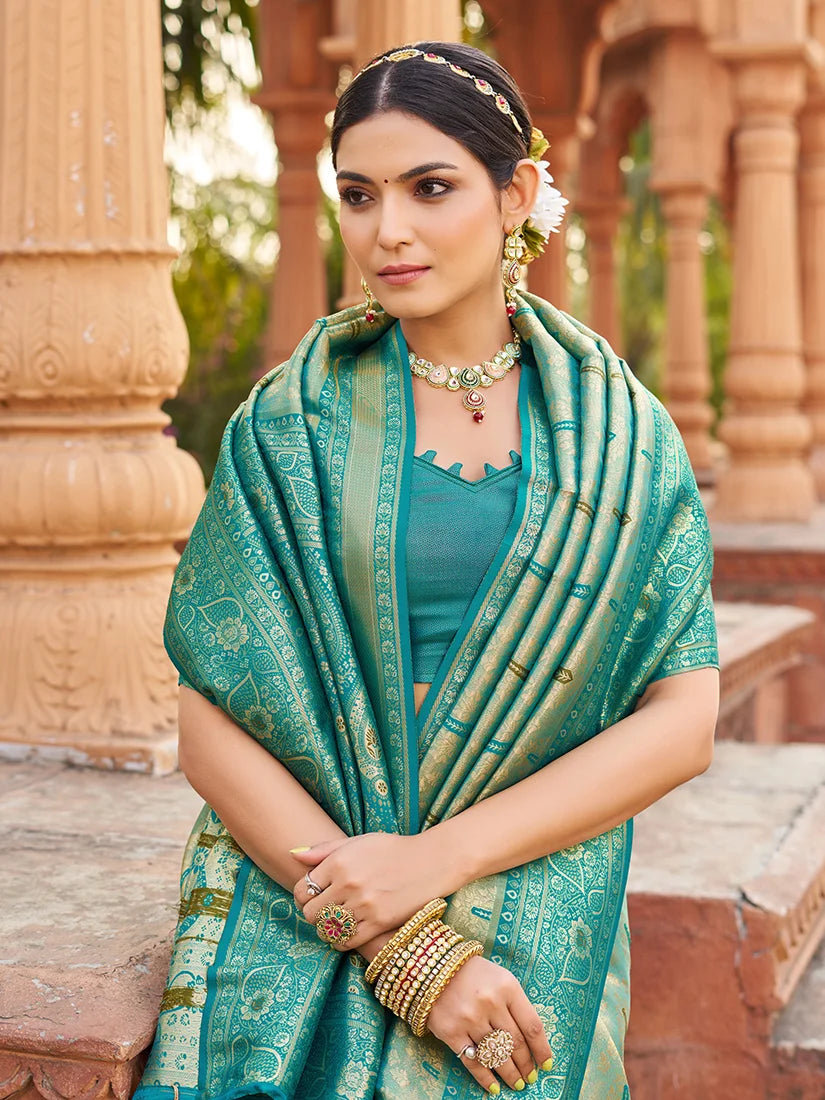 Turquoise Banarasi-Style Silk Blend Saree with Woven Zari Pallu, drape detail