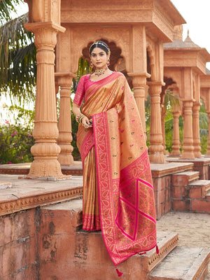Peach Banarasi-Style Silk Blend Saree with Woven Zari Pallu