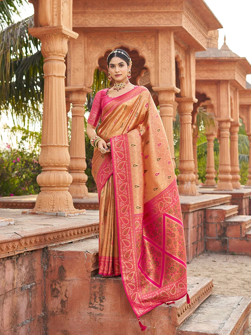 Peach Banarasi-Style Silk Blend Saree with Woven Zari Pallu, front
