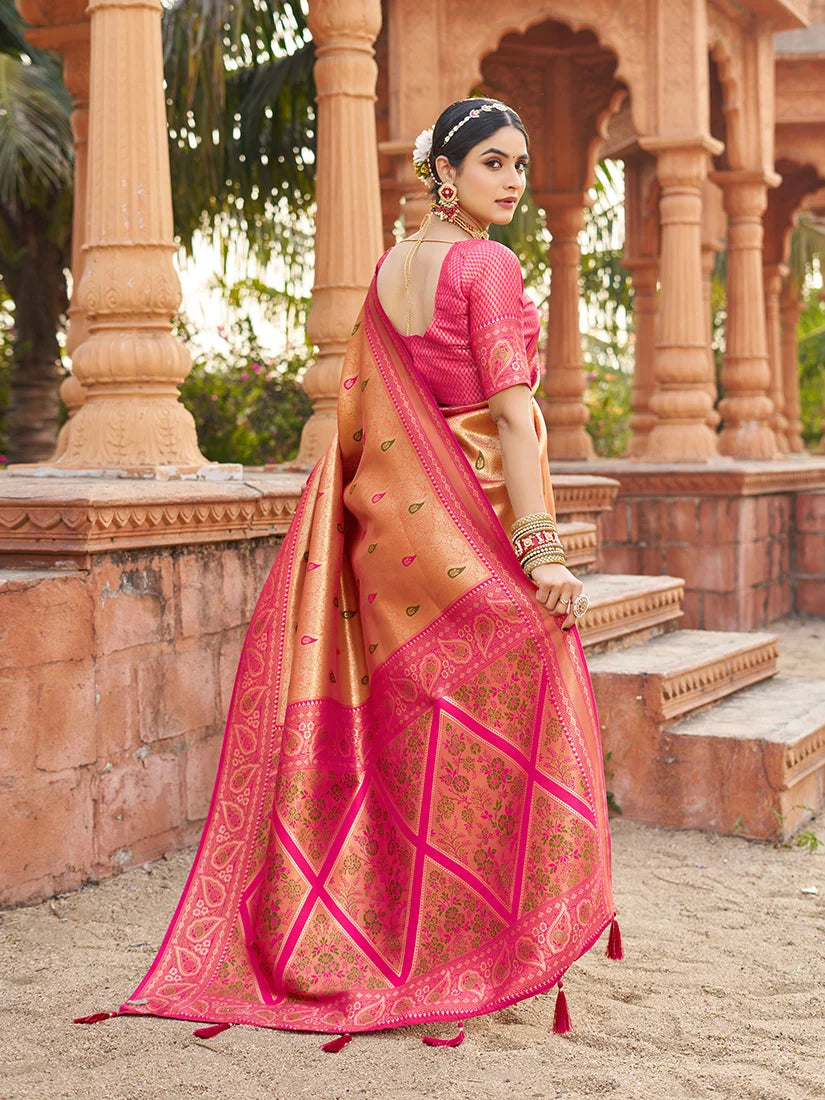 Peach Banarasi-Style Silk Blend Saree with Woven Zari Pallu, back with pallu
