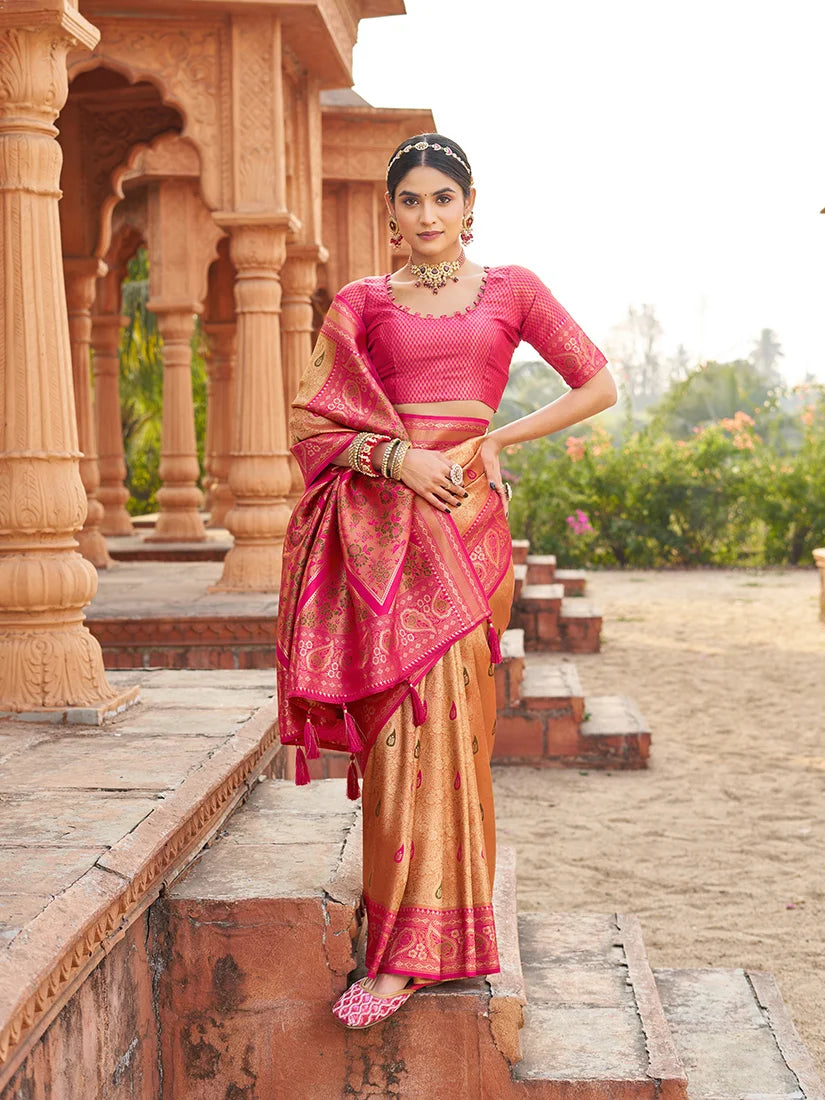 Peach Banarasi-Style Silk Blend Saree with Woven Zari Pallu, side