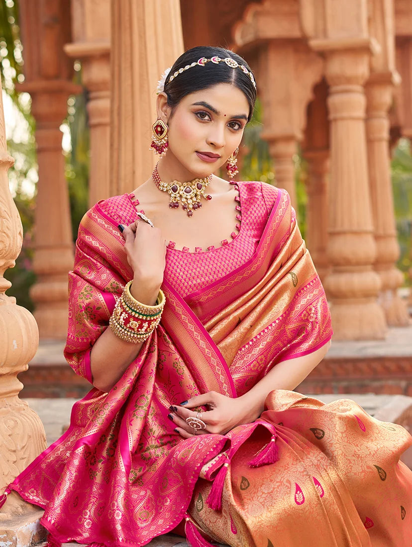 Peach Banarasi-Style Silk Blend Saree with Woven Zari Pallu, drape detail