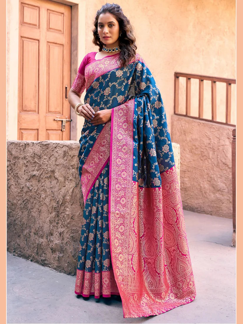 Navy Blue Banarasi-Style Silk Blend Saree with Contrast Zari Border, front