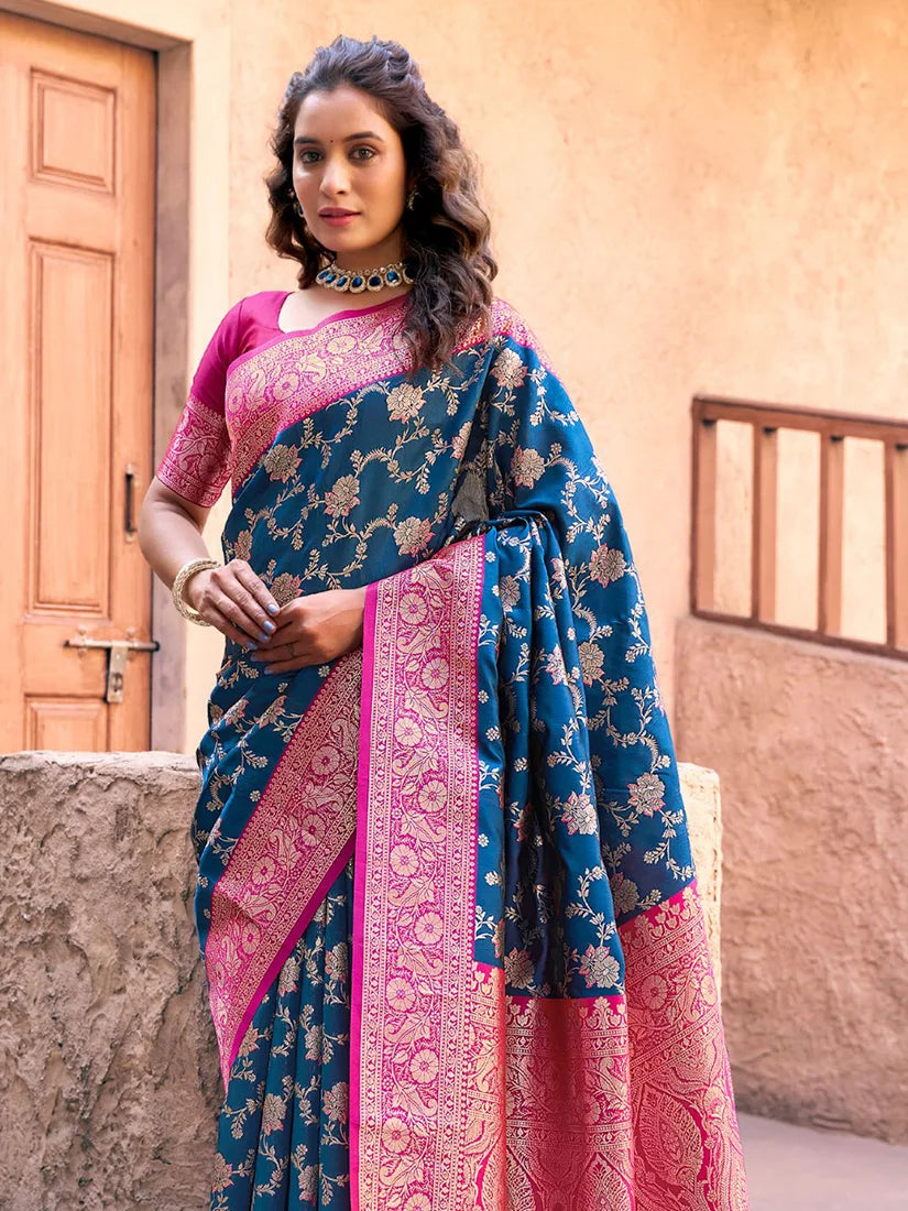 Navy Blue Banarasi-Style Silk Blend Saree with Contrast Zari Border, back with pallu