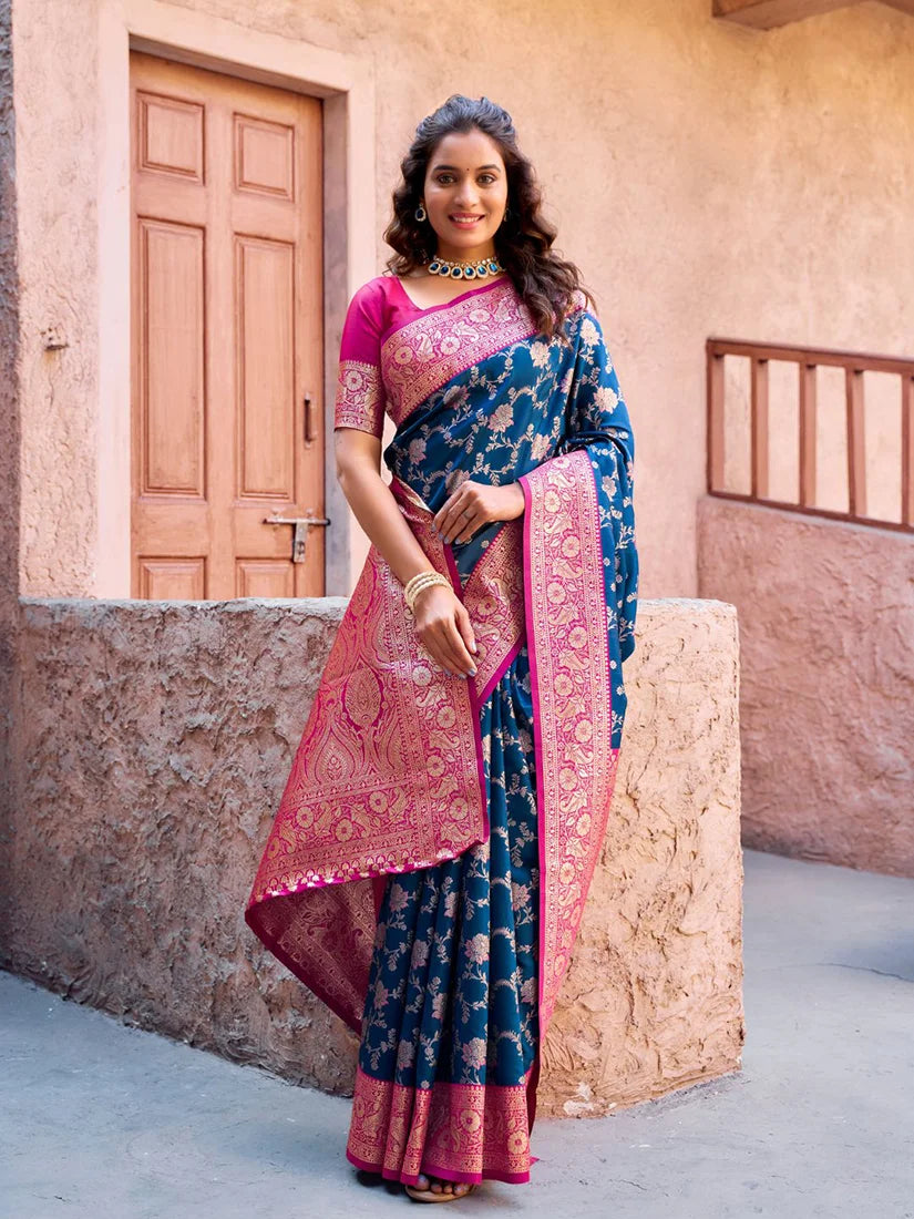 Navy Blue Banarasi-Style Silk Blend Saree with Contrast Zari Border, side