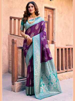 Purple Banarasi-Style Silk Blend Saree with Contrast Zari Border