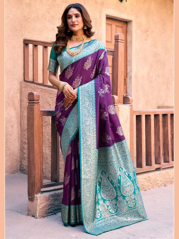 Purple Banarasi-Style Silk Blend Saree with Contrast Zari Border, front