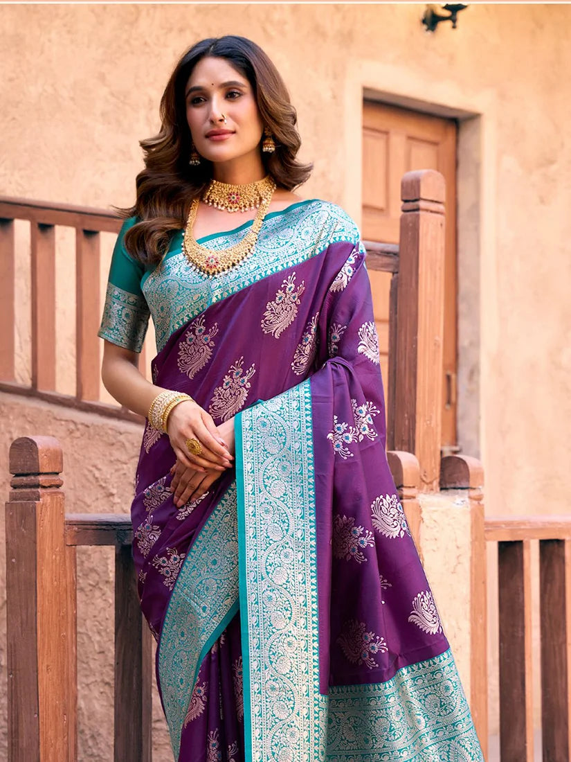 Purple Banarasi-Style Silk Blend Saree with Contrast Zari Border, back with pallu