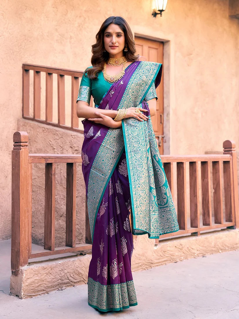 Purple Banarasi-Style Silk Blend Saree with Contrast Zari Border, side