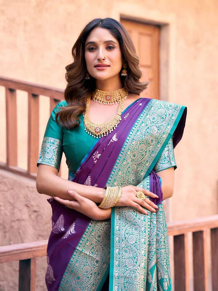Purple Banarasi-Style Silk Blend Saree with Contrast Zari Border, drape detail